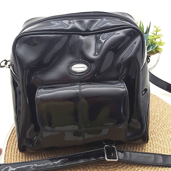 Toledano🖤Square Shape Backpack Bag Black Faux Patent Leathe - Picture 6 of 12
